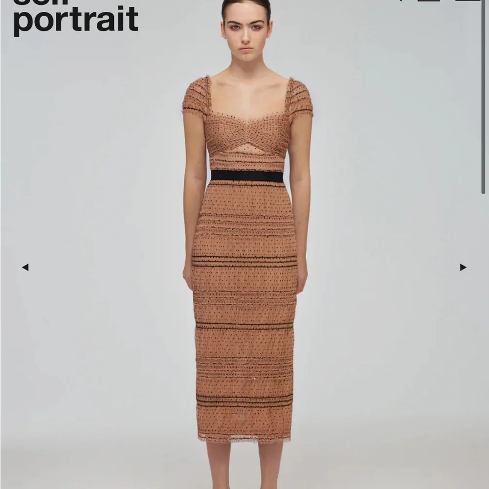 Tan Dot Mesh Shirred Midi Dress - Picture 2 of 3